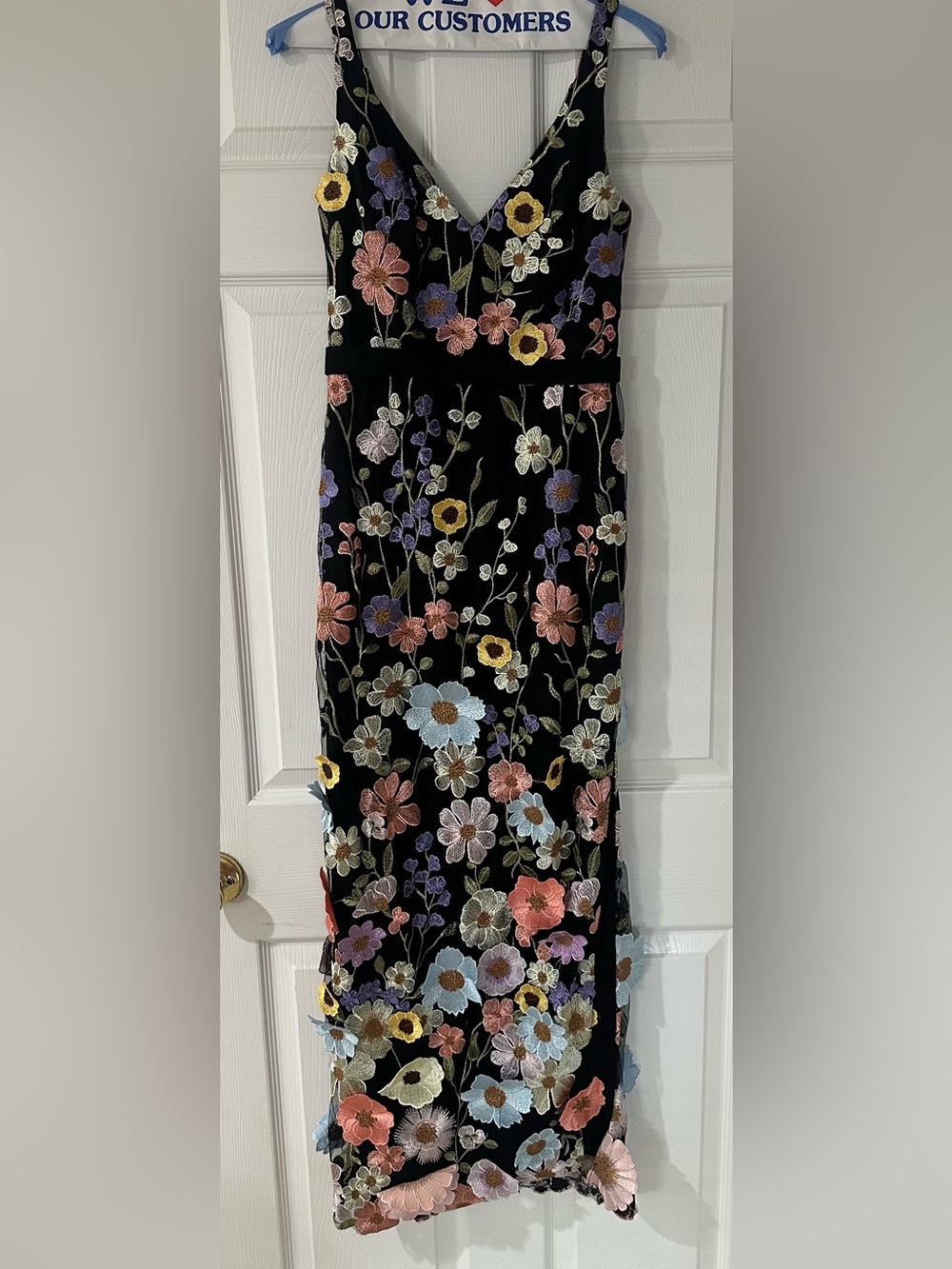 Azazie Black Maxi Dress with 3D Multicolor Floral Embroidery